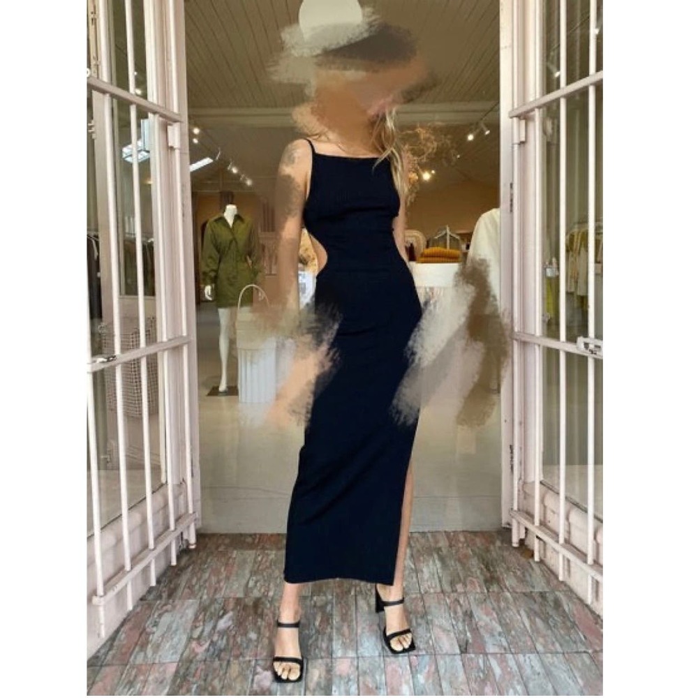 Bec + Bridge Black Ribbed Open Back Midi Dress Side Slit AUS 6 0-2 US XS